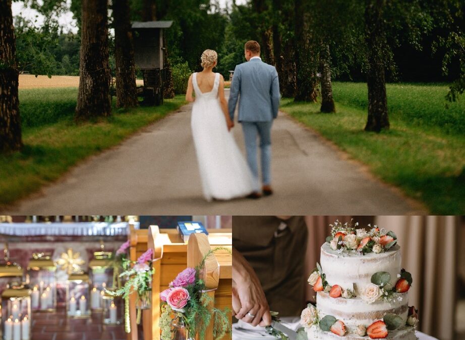 Drei Bilder: 1. Ein Brautpaar läuft die Allee entlang, man sieht es von hinten, 2. fMit Blumen und Kerzen geschmückte Kirchenbänke in der Kapelle, 3. eine Hochzeitstorte mit Erdbeeren und Rosen verziert, wird angeschnitten.