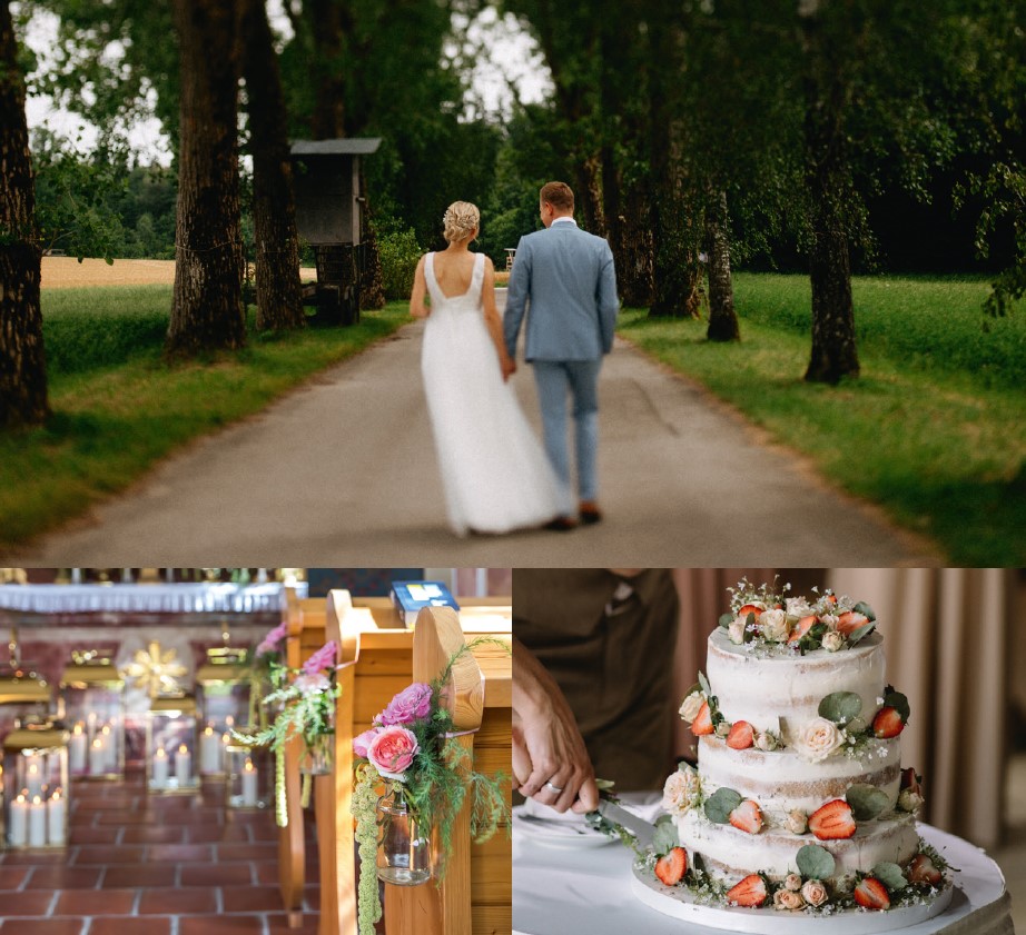 Drei Bilder: 1. Ein Brautpaar läuft die Allee entlang, man sieht es von hinten, 2. fMit Blumen und Kerzen geschmückte Kirchenbänke in der Kapelle, 3. eine Hochzeitstorte mit Erdbeeren und Rosen verziert, wird angeschnitten.